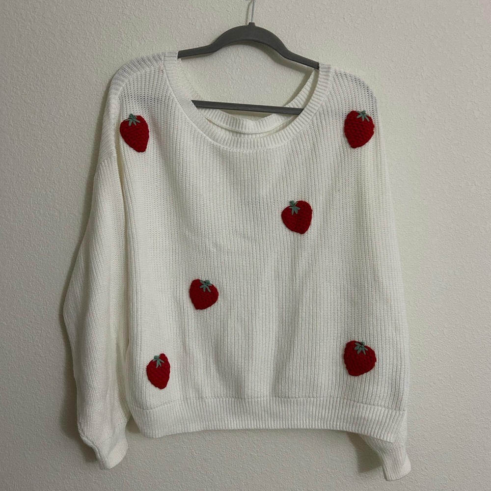 Hollister White Sweater with Red Strawberry Details